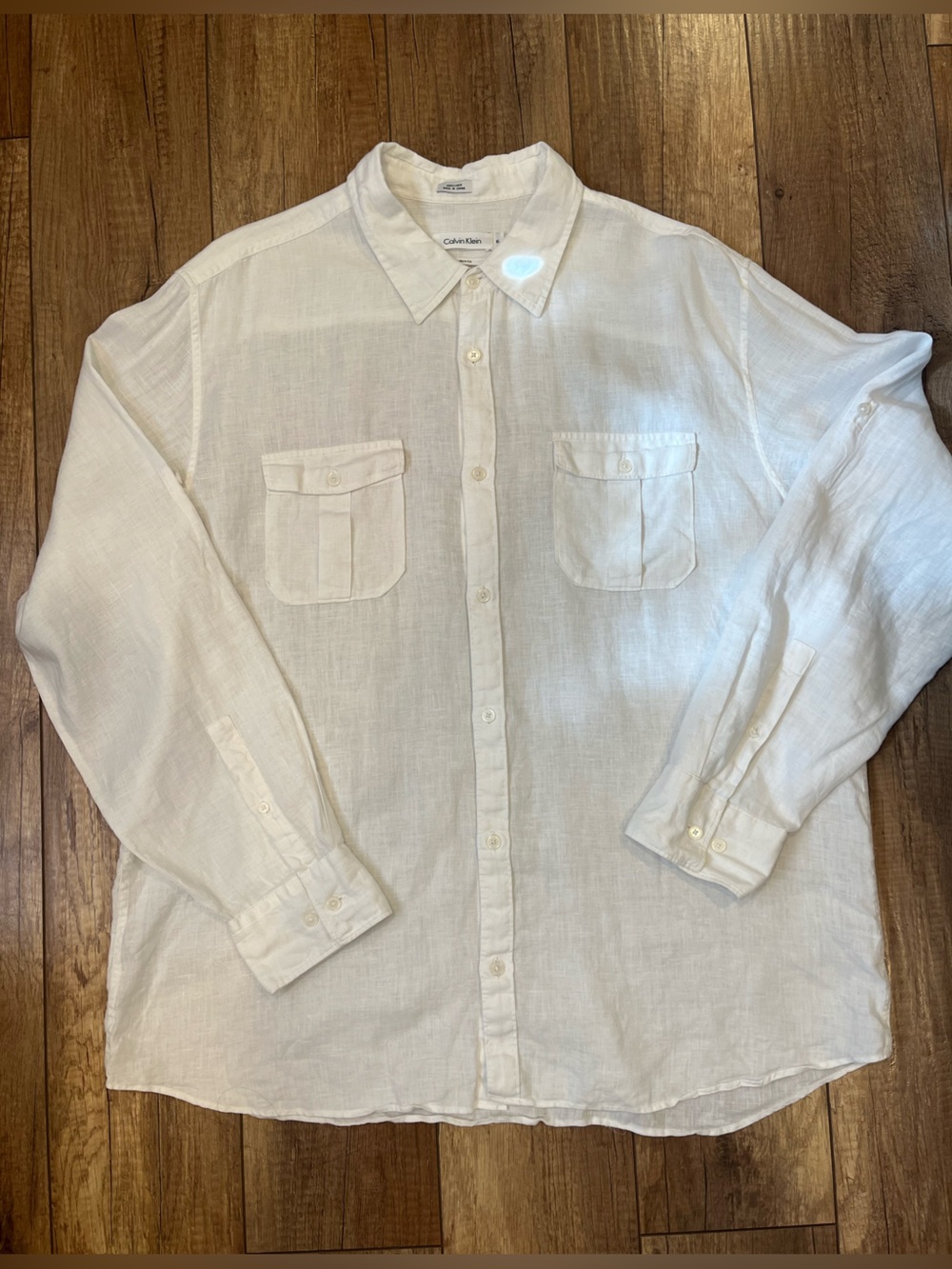 Calvin Klein White Linen Long Sleeve Blouse Coastal Preppy Summer Top